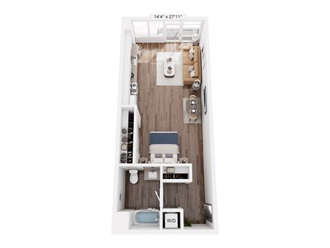 Floor plan for studio, 1 bath, 597 sqft